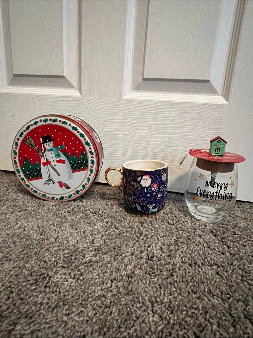 Christmas Holiday Snowman Tin, Festive Wine Glass, Coffee Mug Set